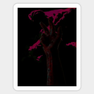 Digital collage and special processing. Hand near clouds. Holy trinity hand gesture. Very dark, red and violet. Bizarre. Sticker